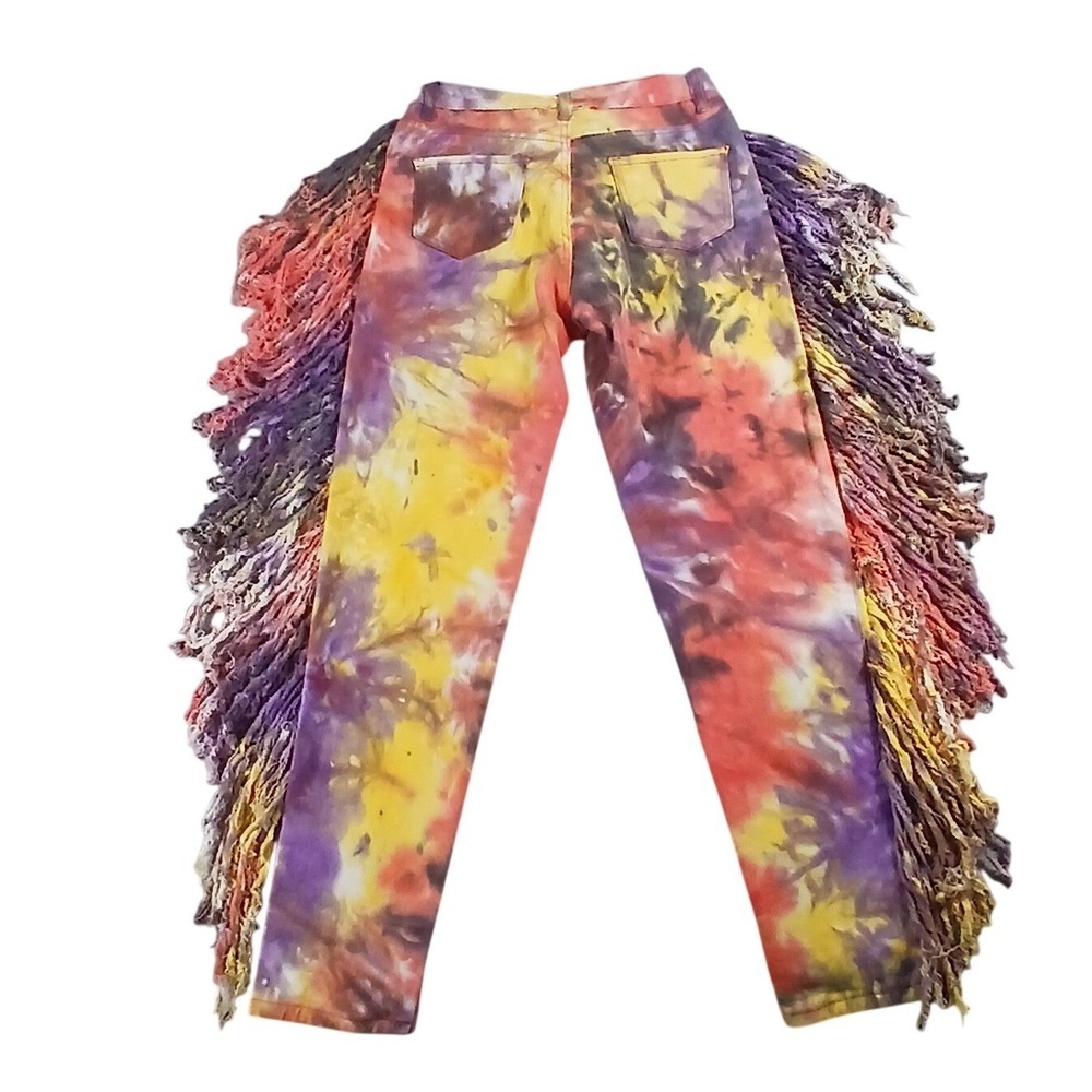 Daisy Womens Western Boho Psychedelic Tie Dye Fringe Side Seam Denim Pants Small